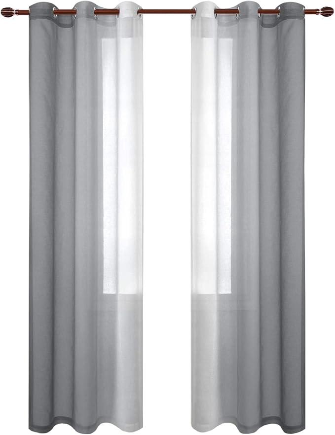 DWCN Grey Faux Linen Ombre Sheer Curtains - Semi Voile Gradient Grommet Top Curtains for Bedroom and Living Room, Set of 2 Window Curtain Panels, 42 x 84 Inches Long