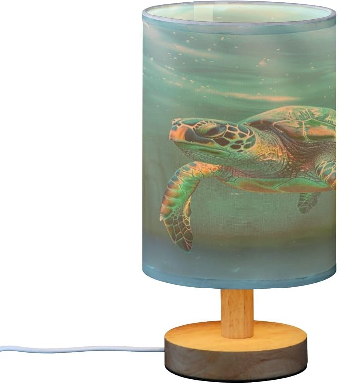 Bedside Lamp Turtle Teal Underwater Table Lamp for Bedroom LED Nightstand Lamp Shade USB Ports Wood Base for Living Room Dorm Office