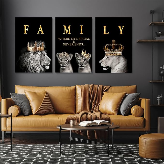 GUBIYU Family Where Life Begins Love Never Ends Word Sign Wall Decor,Black Gold Lion Art Home Decor Family Wall Art Decorations,Letters Quotes Posters for Living Room Bedroom Kitchen Decor 24"x36"