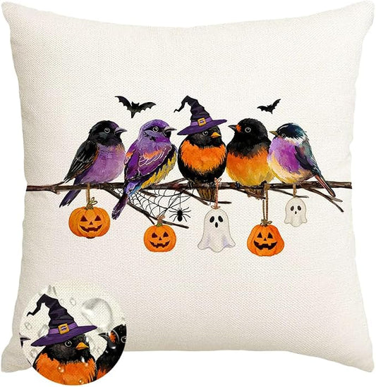 RABUSOFA Halloween Pillow Covers 16x16 Inch Halloween Decorations Outdoor | Watercolor Birds,Waterproof,Spooky Ghost Pumpkin Bat Halloween Decor,Supplies Accessories for Home Couch Party Patio