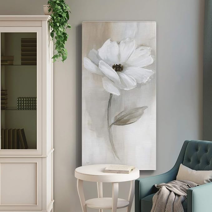 Renditions Gallery Canvas Floral Wall Art Modern Decorations Paintings Elegant White Rose Romantic Glam Botanical Canvas Artwork Prints for Bedroom Office Kitchen - 12"x24" LT43