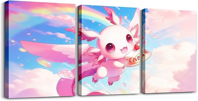 Feelyou Kids Cute Axolotl Wall Painting Posters Galaxy Cloud Picture Wall Decor Boys Girls Cartoon Animal Canvas Wall Art Living Room Bedroom Dreamy Rainbow Teens Bathroom Wall Art 12"x16"x 3Pcs