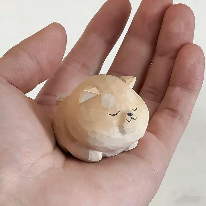 Hand Carved Red Shiba Inu Figurine with Round Wood Base – Cute Chubby Shiba Wooden Dog Statue, Handmade Desk Decor, Adorable Collectible Sculpture, Unique Gift for Dog Lovers & Pet Owners