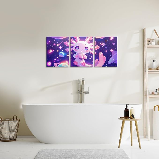 Feelyou Kids Cute Axolotl Picture Wall Decor Galaxy Planet Space Canvas Wall Art Living Room Bedroom Cartoon Animal Wall Painting Prints Boys Girls Dreamy Starry Bathroom Wall Art 12"x16"x 3Pcs