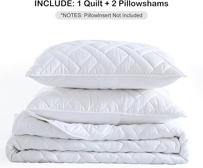 HORIMOTE HOME Quilt Set King Size White, Classic Geometric Diamond Stitched Pattern, Ultra Soft Microfiber Lightweight Bedding Set Bedspread Coverlet for All Season (1 Quilt and 2 Pillow Shams)