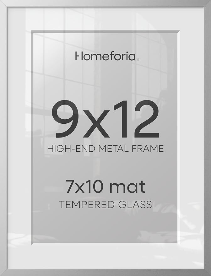 Homeforia 9x12 Silver Picture Frame, High-End Metal, 7x10 Mat, Glass