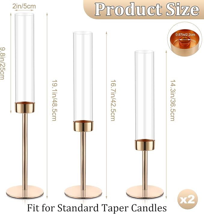 Gold Hurricane Candle Holders, Set of 6 Glass Taper Candlestick Holders Metal Candle Stands Bulk with Glass Cover for Dining Tables Wedding Candelabra Centerpieces Decor
