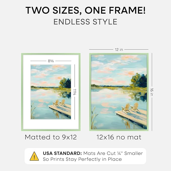 Homeforia 12x16 Green Picture Frame, High-End Metal, 9x12 Mat, Glass