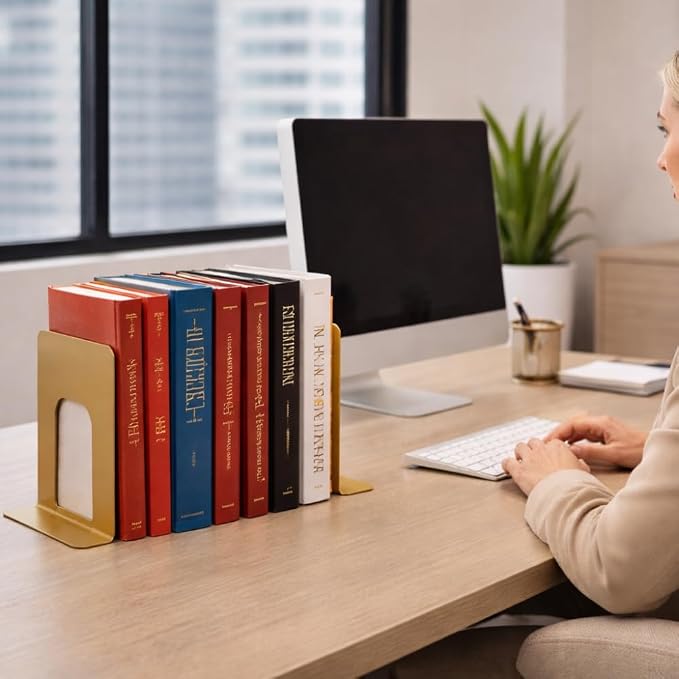 Alessk Dark Matte Gold Metal Bookends for Shelves – Heavy Duty Decorative Bookends for Heavy Books – Modern Book Ends for Office Bookshelf- has 3 Non-Slip Pads at the Bottom – 4 Pairs (8 Pieces)
