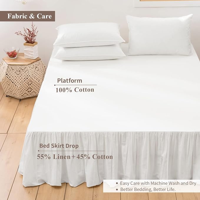 BISELINA French Linen Bed Skirt with Pleated Frills 14-Inch Tailored Drop Natural Flax Cotton Blend Dust Ruffle Soft Cozy Farmhouse Bedding (14" Twin, White)