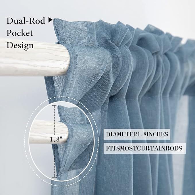 MIULEE Dusty Blue Linen Textured Semi-Sheer Curtains 54W×45L Kitchen | Semi Transparent, Farmhouse, Window Net Panels with Rod Pocket for Bedroom Living Room