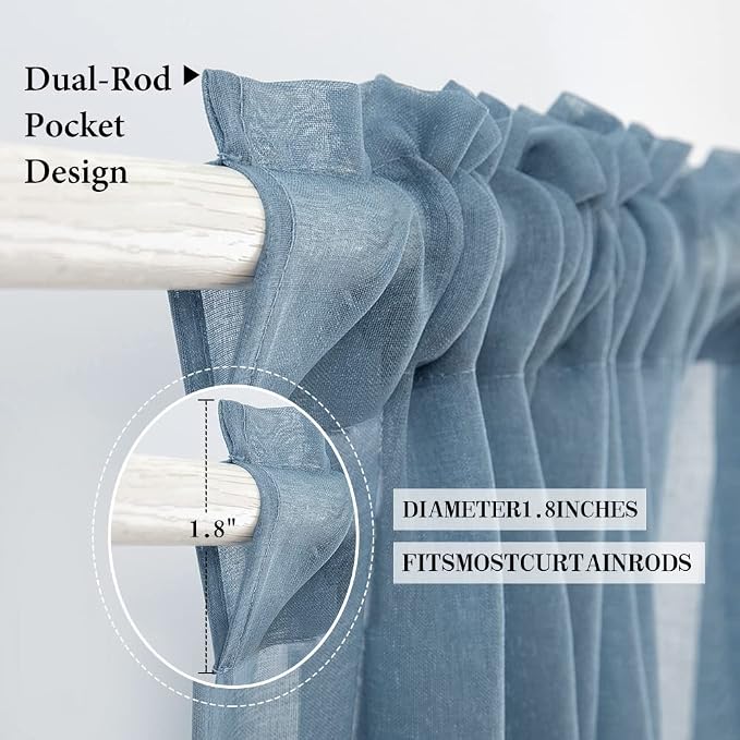 MIULEE Dusty Blue Linen Textured Semi-Sheer Curtains 54W×63L 2 Panels | Semi Transparent, Farmhouse, Window Net Panels with Rod Pocket for Bedroom Living Room