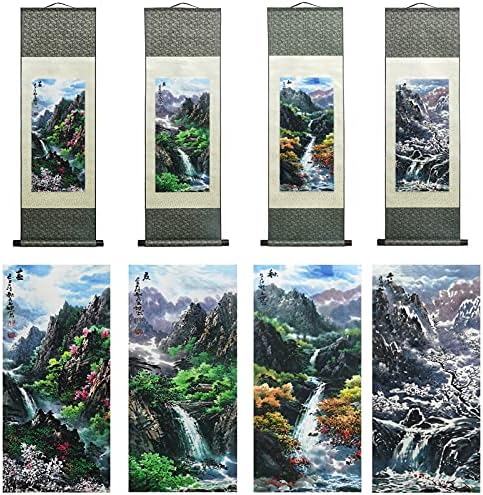 AtfArt Asian Wall Decor - Beautiful Silk Scroll Painting: Four Seasons Landscape - Summer, Autumn, Winter-Spring - Oriental Decor - Chinese Art Wall Scroll - 39 x 12in (Four Piece)