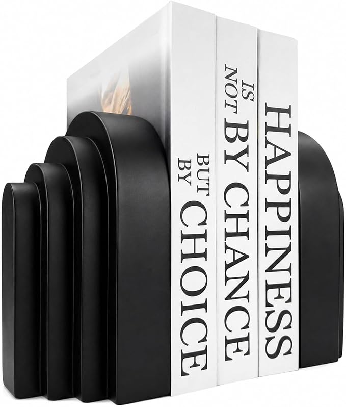 Book Ends for Heavy Books, Resin Decorative bookends, Heavy Duty Bookend for Shelves, Book Stopper for Shelves, Modern Home Decor Aesthetic Book Ends, Layered Arch Design Set of 2(Matte Black)
