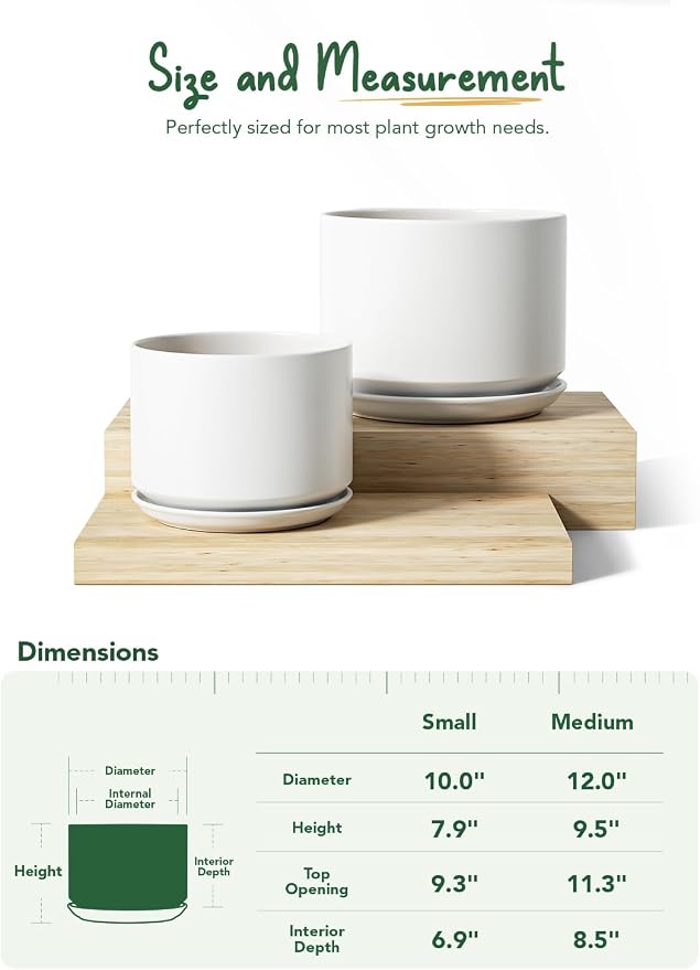 LE TAUCI Ceramic Pots for Plants, Set of 2, 10 + 12 Inch Plant Pot with Drainage Hole and Saucer, Durable & Stylish Planters for Indoor Plants, Elevate Your Home’s Aesthetic, White