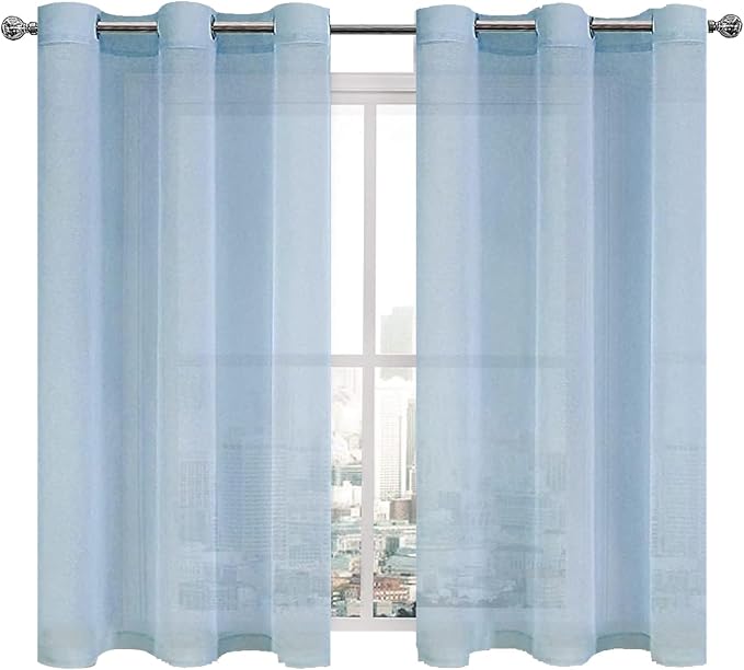 DWCN Semi Sheer Curtains, Grommet Top Window Short Sheer Curtains Drapes for Bedroom Living Room, Faux Linen Look Voile Transparent Solid Sheer Curtains Set of 2 Panels 46 x 54 Inches Long, Sky Blue