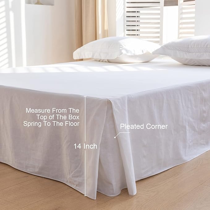 BISELINA French Linen Bed Skirt with Pleated Corner 14-Inch Tailored Drop Natural Flax Cotton Blend Basic Dust Ruffle Soft Cozy Farmhouse Bedding (14" King, Basic White)