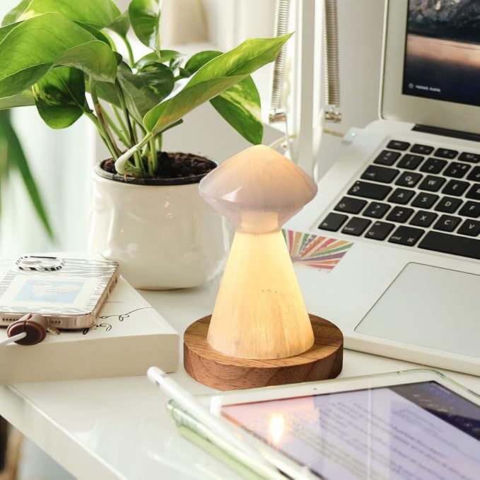 JIC Gem USB Selenite Lamp White Mushroom Small Selenite Crystal Lamp 3.1 Inch with Wooden Light Stand Base
