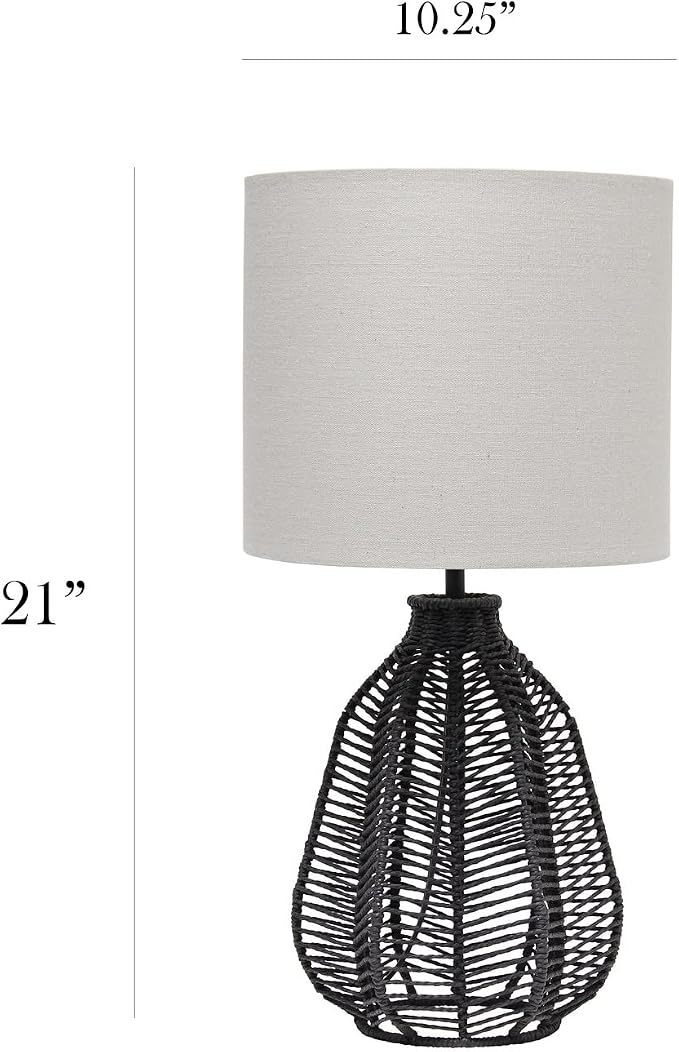Elegant Designs LT2106-BLK 21" Tall Boho Coastal Inspired Rustic Paper Rope Rattan Wicker Look Standard Table Desk Nightstand Lamp with Light Gray Fabric Linen Shade, Black
