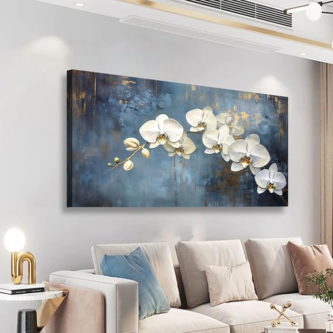 Abstract White Butterfly Orchid Canvas Wall Art for Living room Office Bedroom Flowers Wall Art Print Oil Paintings Modern Blue Gold Rain Mist Pictures Wall Decor Artwork Ready to Hang - 28in * 57inch