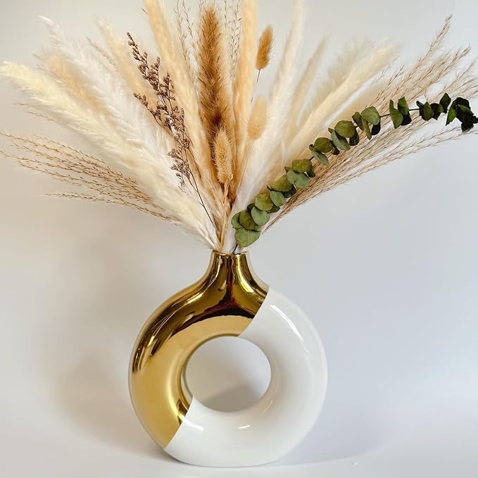 White and Gold Donut Vase, Modern Ceramic Vase for Pampas Grass, Perfect Centerpiece for Weddings, Living Room, and Office Decor (White Gold, L)