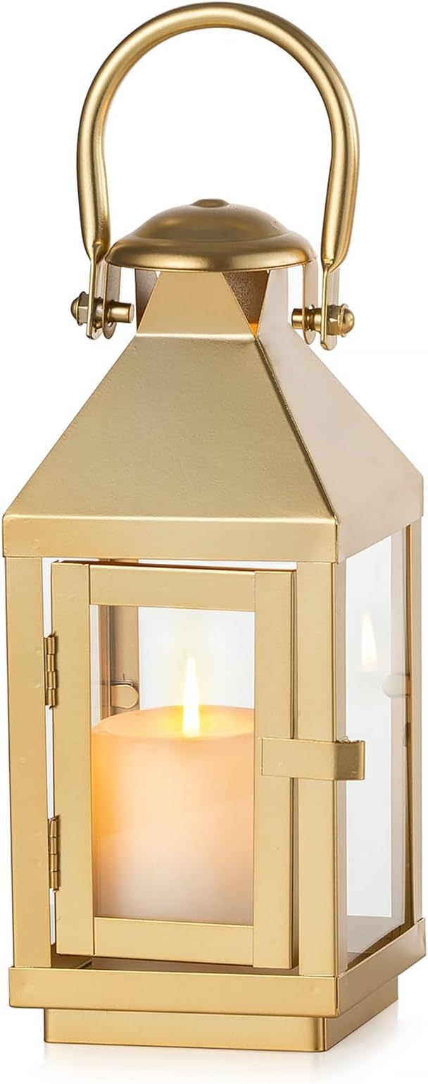 NUPTIO Gold Lanterns Decorative Outdoor, 8.6 Inch Lantern with Glass