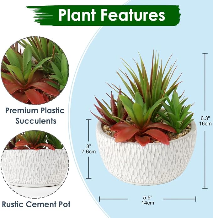 Briful Small Fake Plants Assorted Faux Succulents in Pots Realistic Succulents Plants Artificial with Cement Pots for Home Table Office Desk Bathroom Shelf Living Room Decor