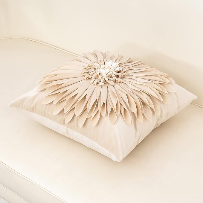 Alerfa 3D Flower Handmade Throw Pillow Cover Decorative Beige Velvet Pillowcase Cushion Cover with Hidden Zipper for Couch Bed Living Room Home Decor 18 x 18 Inches