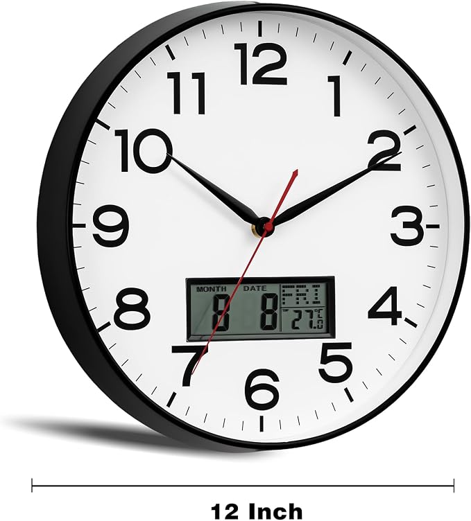 AKCISOT 12 Inch Wall Clock, Silent Battery Operated Analog Clock, Black | LCD | Office | Kitchen | Living Room | Classroom | Easy-to-read Numbers