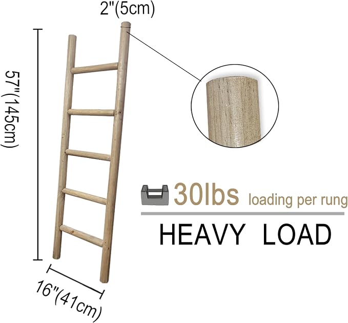 Wooden Blanket Ladder, Fully Assembled, Natural & Motley Wood - Leaning Wall Decor for Bedroom, Bathroom, Living Room - Rustic Quilt Holder & Towel Rack (Natural Wood Color 57in)