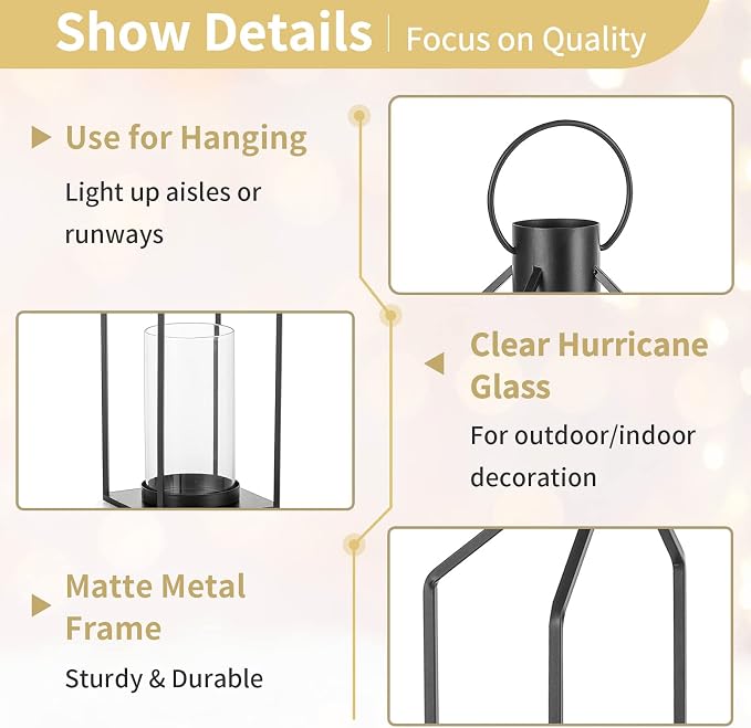 NUPTIO Decorative Lantern Candle Holder: Black Lantern with Hurricane Glass | Hanging Lanterns Decor 2 Pcs for Outdoor, Farmhouse Pillar Stand for Halloween Christmas Wedding Home Fireplace
