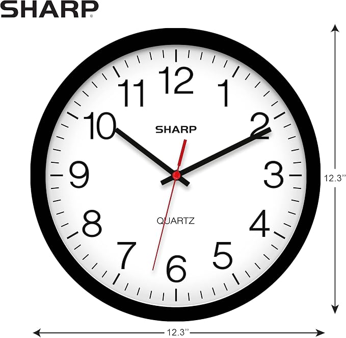 Sharp Wall Clock – Black, Silent Non Ticking 12 Inch Quality Quartz Battery Operated Round Easy to Read Home/Kitchen/Office/Classroom/School Clocks, Sweep Movement (Pack of 4)