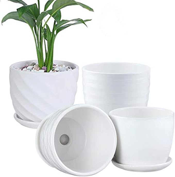 sietpoek 4.7” Ceramic Plant Pots with Drainage and Saucer 4PCs White | White Ceramic Flower Pots with Drainage Hole and Saucer, Decorative Planter for Indoor Outdoor Garden Plants Succulen