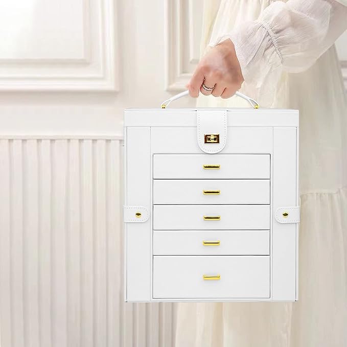 AKOZLIN 6-Tier Jewelry Box Organizer Functional 5 Drawers Leather Jewelry Storage Case for Women Girls Ring Necklace Earring Bracelet Holder Organizer with Mirror Extra Large White