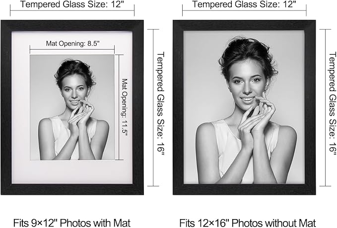 12x16 Picture Frame-Black,9x12 Mat,Tempered Glass,Engineered Wood