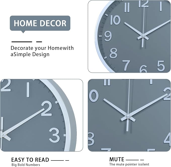 Wall Clocks Battery Operated 10 inch Modern Wall Clock,Silent Non Ticking Wall Clock for Living Room Bedroom Kitchen Office Classroom Decor (Gray White)