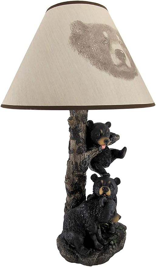 Zeckos Black Bear Family Table Lamp W/Tree Bark Print Shade Western Décor