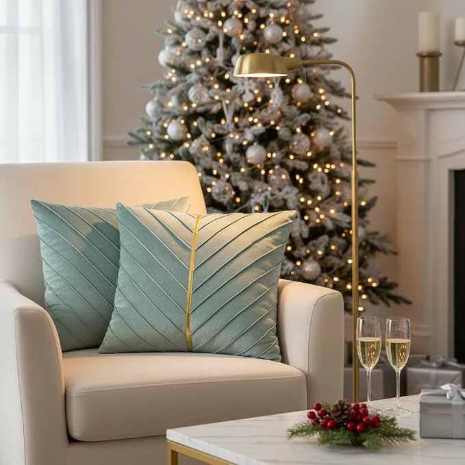 Velvet Throw Pillow Covers 16x16 Pack of 2 Gold Decor Mint Green