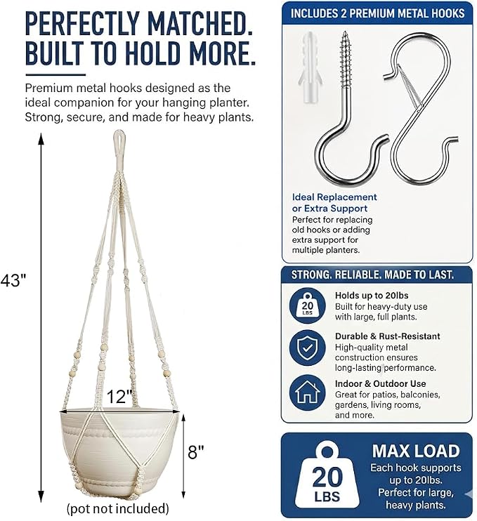 Bouqlife 43 Inches Macrame Plant Hanger Large for 14 inch Pot Extra Long No Tassel Cotton Rope Hanging Plant Holder with Ceiling Hooks Bohemian Home Décor Beige 2Pack