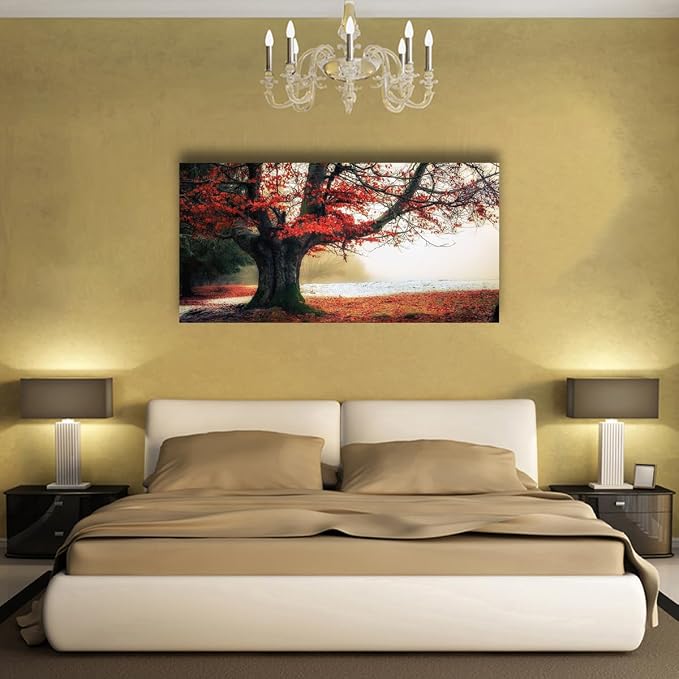 Stunning Nature Landscape Wall Art - 20x40 inches Canvas Artwork of Sunrise Forest Scenery with Red Leaves. Perfect Wall Decoration for Living Room, Bedroom and More