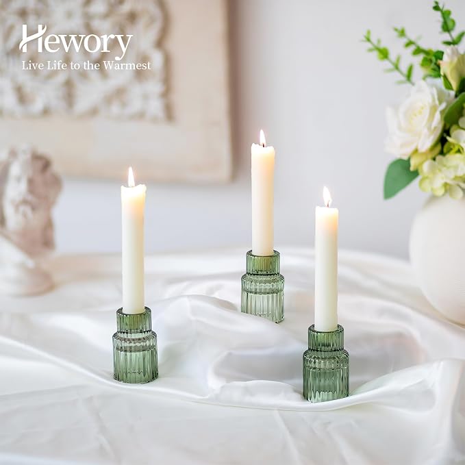 Hewory Taper Candle Holders Bulk, 10PCS Green Glass Candlestick Holders | For 0.86" Taper Candles, Ribbed, Vintage Candle Sticks Holder Decor, Wedding Table Centerpiece Bridal Showers Christmas Home