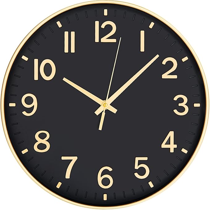 HZDHCLH 12 Inch Silent Wall Clock Battery Operated Non Ticking Black Gold | Non Ticking Modern Clock for Wall, 3D Numbers Wall Clock for Kitchen Bedroom Living Room Office Classroom Decor