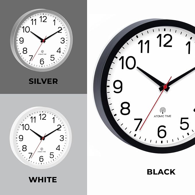 AKCISOT 10 Inch Wall Clock, Silent Battery Operated Analog Clock, White | Atomic | Classroom | Kitchen | Office | Easy to Read Numbers | Garage