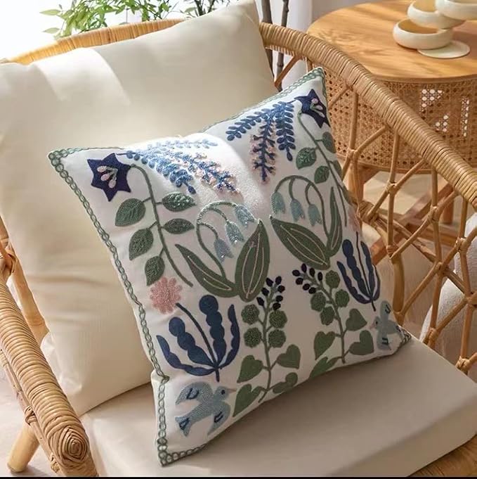 YIcabinet Pillow Covers Set of 2, Embroidered Branch Pattern Throw Pillow Cover,Square Cotton Cushion,Pillow Case for Sofa Bedroom Couch,18"x18"