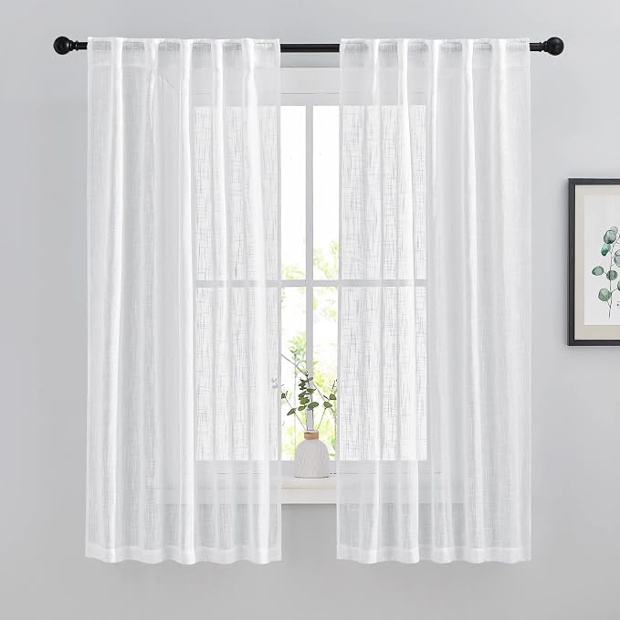 NICETOWN Linen Sheer Curtains for Windows 63" Long, Rod Pockets & Back Tab Privacy Window Treatments Vertical Drapes with Light Filter for Bedroom/Nursery, 84" Wide Total 2 Pieces, White
