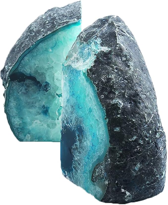 Agate Geode Bookends Heavy Duty Teal Crystal Stone Book Holders Decorative | Polished Stone Book Stoppers Supports Home Office Decor with Rubber Bumpers Dyed Teal 1 Pair, 2-3 LBS