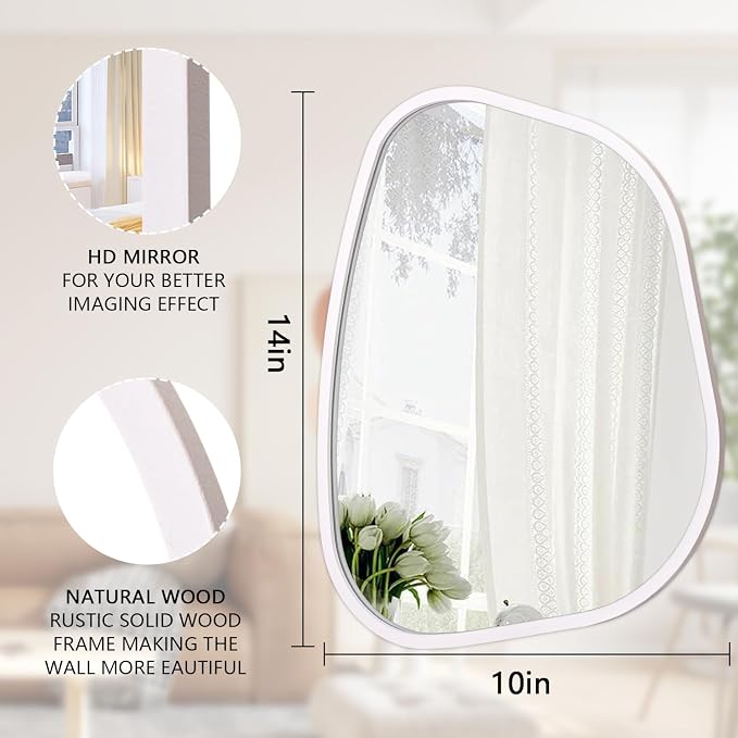 White Irregular Bathroom Mirror Modern Oval Wall Mirror Asymmetrical Wooden Framed Wall Mirror Unique Shape Wall Mounted Vanity Artistic Mirror Decor for Living Room Bedroom Entryway Small 14"x10"