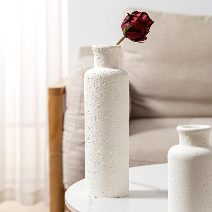Flower Vase Set, Travertine Stone Look, 3 PCS Bud Vases, White | Small, Farmhouse, for Pampas Grass, Kitchen, Living Room, Bathroom, Bedroom, Office, Shelf Centerpiece Table Decoration