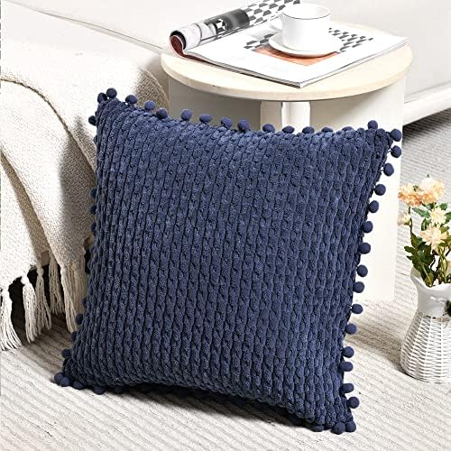 Fancy Homi Set of 2 Navy Blue Decorative Throw Pillow Covers 20x20 Inch with Pom-poms for Couch Bed Sofa, Modern Farmhouse Boho Home Decor, Soft Plush Corduroy Cute Cushion Case 50x50 cm