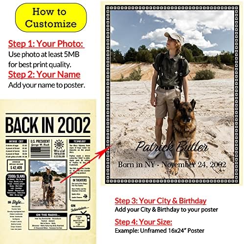 Personalized 23 year old birthday gifts - Back in 2002 Poster - Centerpiece Table Decorations 23rd Birthday Party - Custom Born in 2002 Newspaper Vintage Poster for Him, Her